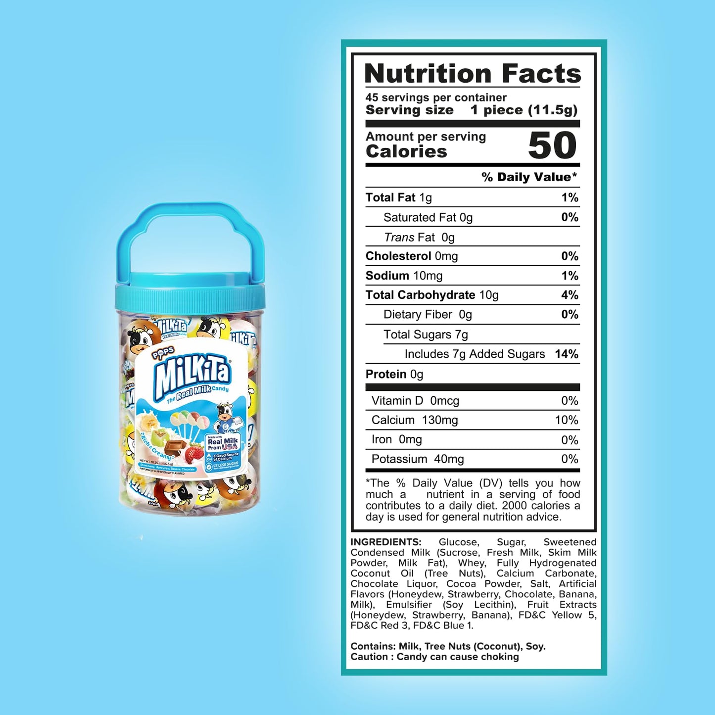 Milkita The Real Milk Candy Lollipop Jar - Low-Sugar, Assorted Healthy Sweets with Real Milk for Kids & Adults - Fat Free & Gluten Free Candy