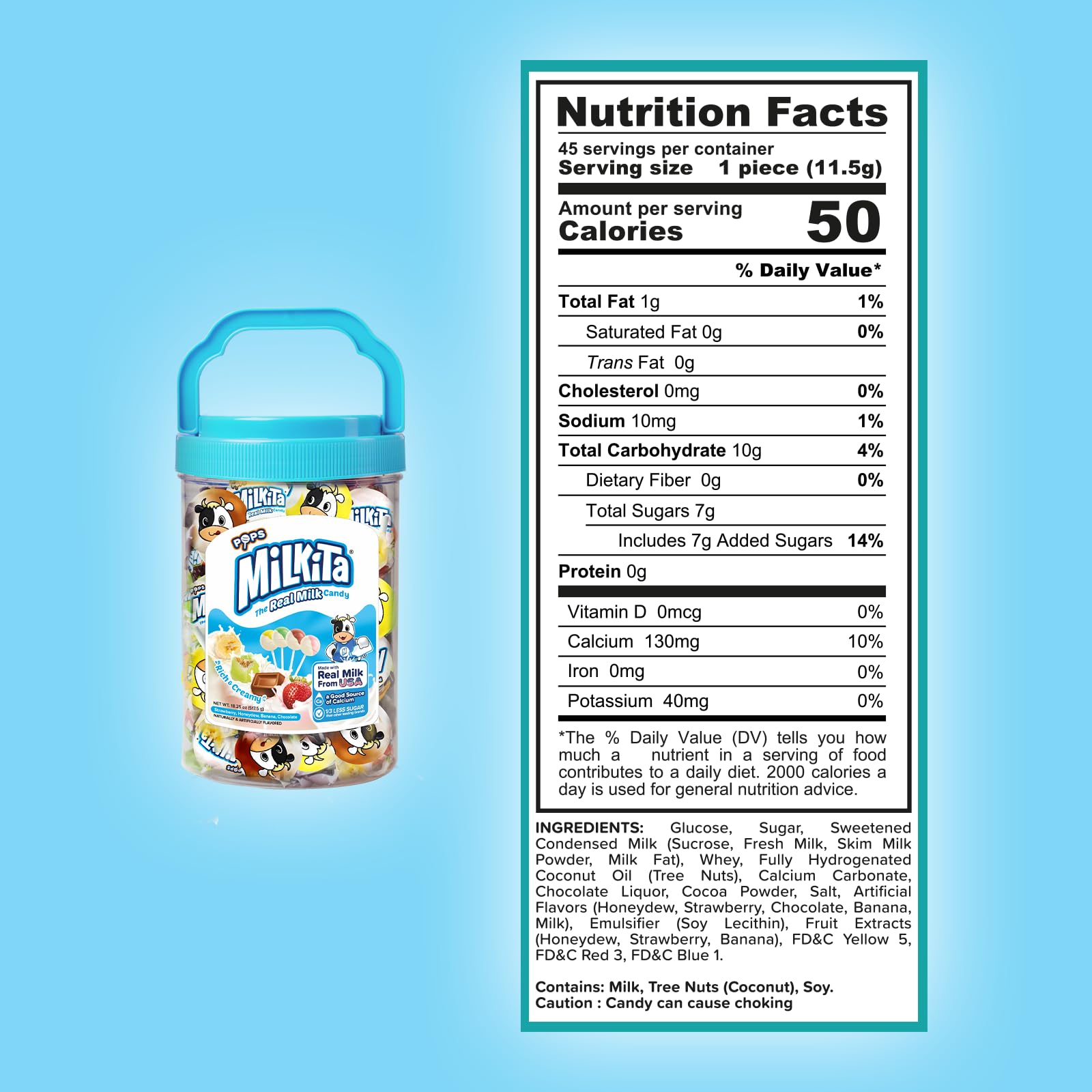 Milkita The Real Milk Candy Lollipop Jar - Low-Sugar, Assorted Healthy Sweets with Real Milk for Kids & Adults - Fat Free & Gluten Free Candy