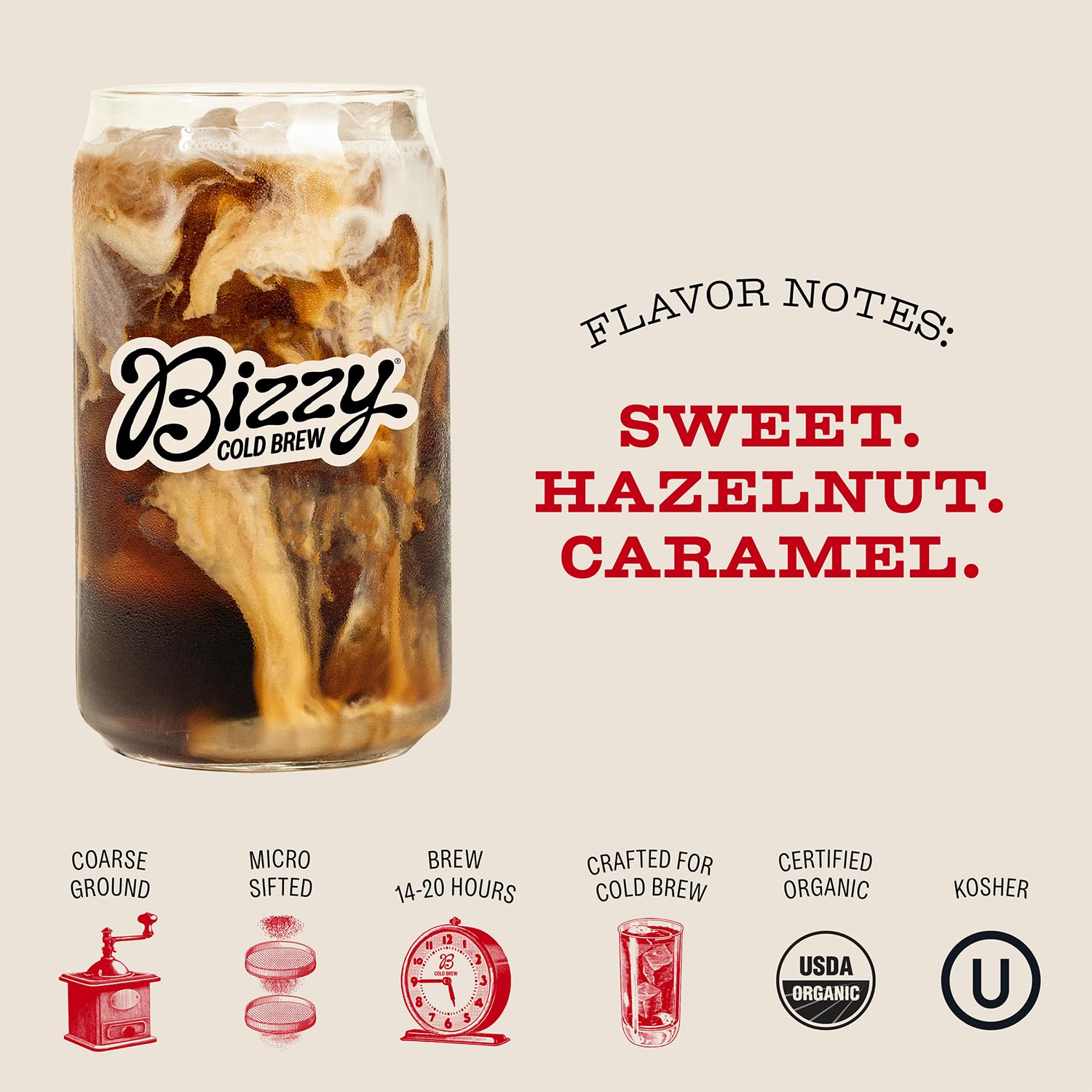 Bizzy Organic Cold Brew Coffee | Smooth & Sweet Blend | Coarse Ground Coffee | Medium Roast | Micro Sifted | Specialty Grade | 100% Arabica | Brew