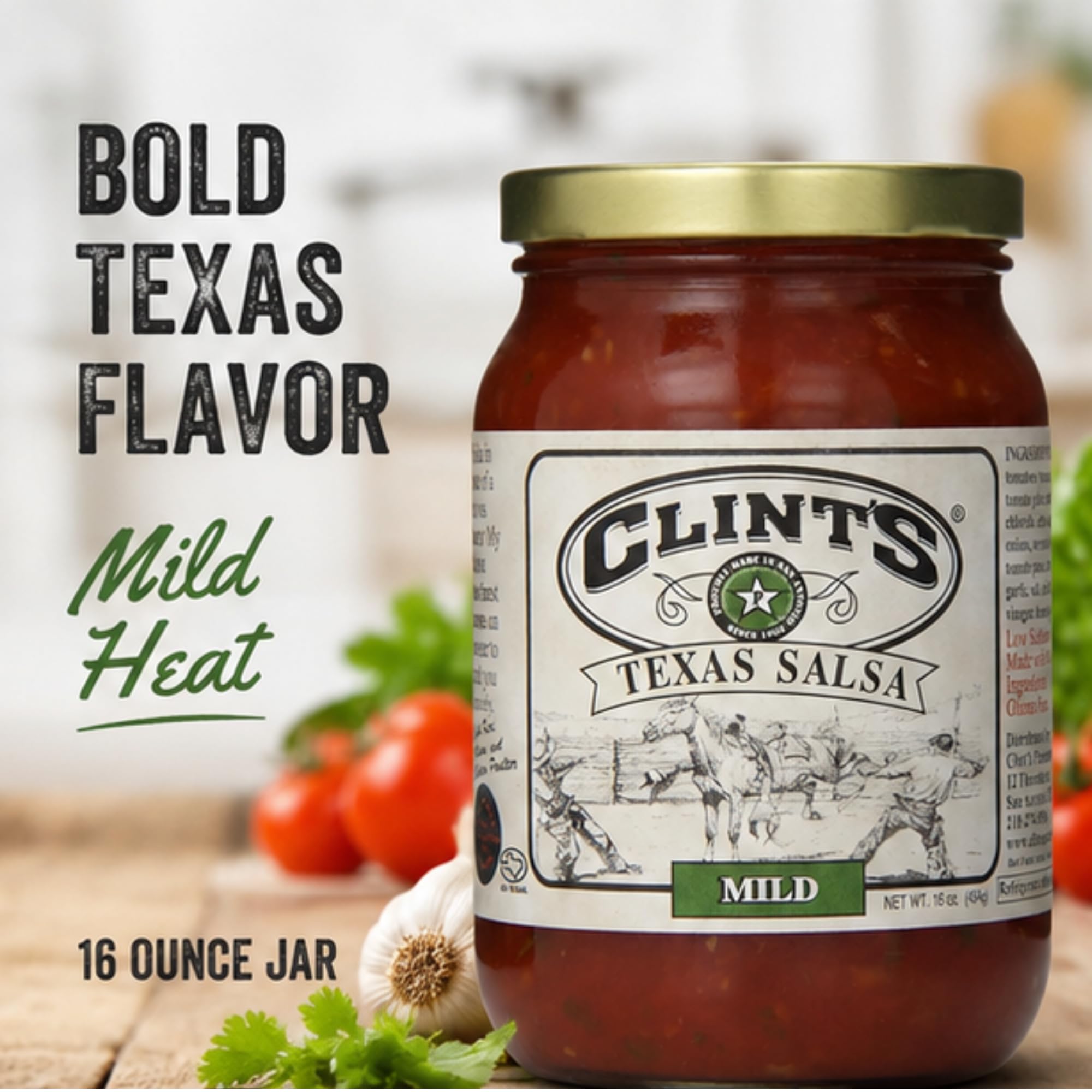 Clint’s Texas Salsa, Mild, 16 Ounce - Fresh Chunky Tomato Salsa, Low Sodium & Gluten Free, Authentic Texas Style Dip for Chips, Tacos, Nachos
