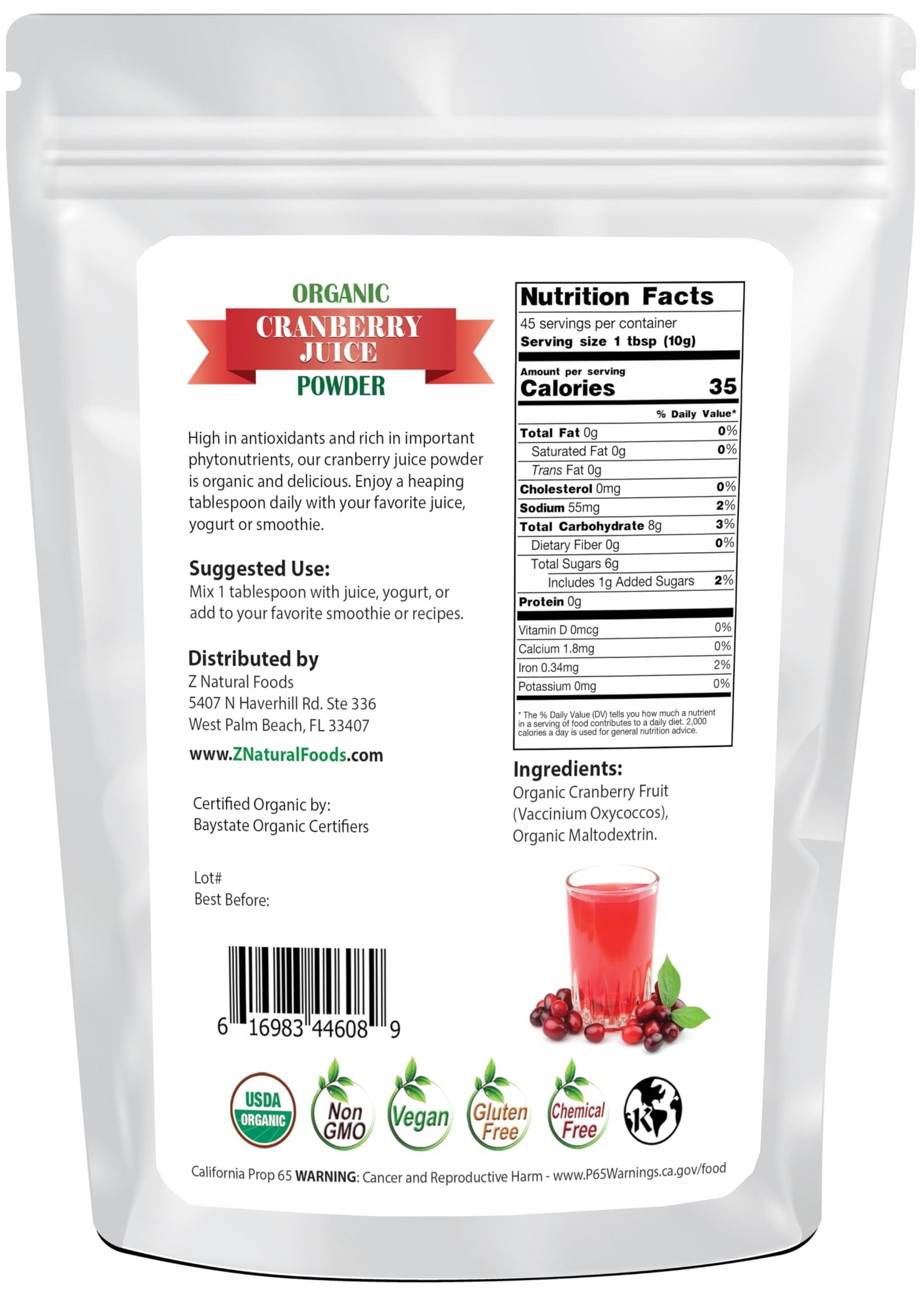 Z Natural Foods Organic Cranberry Juice Powder, Nutrient-Packed Superfood Powder, Perfect for Smoothies, Tea, Juice, Cooking, and Baking, Vegan