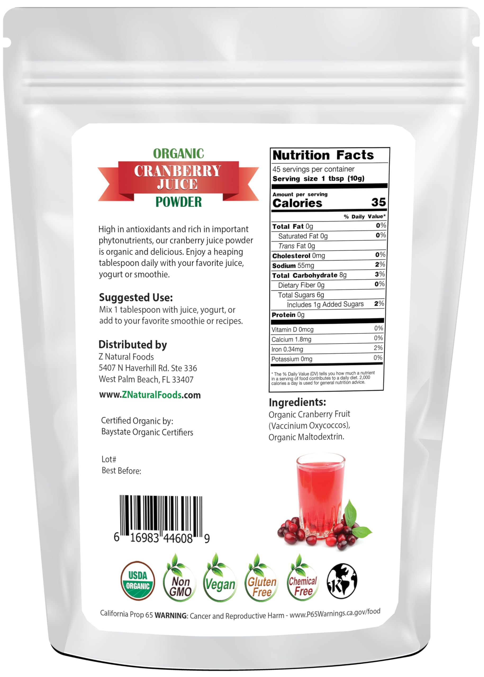 Z Natural Foods Organic Cranberry Juice Powder, Nutrient-Packed Superfood Powder, Perfect for Smoothies, Tea, Juice, Cooking, and Baking, Vegan