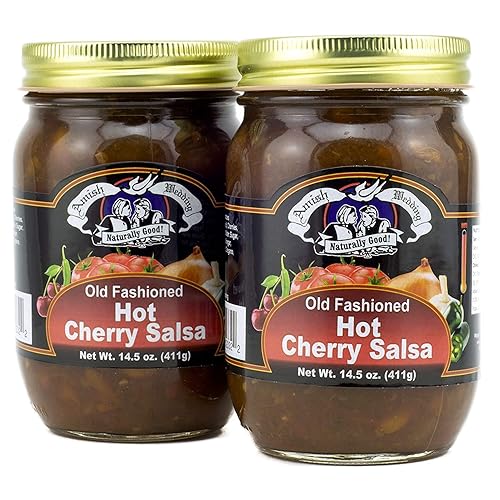 Amish Wedding Kettle Cooked Salsa, Thick and Chunky Pack of 2 14.5 ounce Jars, Hot Cherry