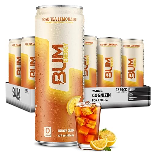 BUM Sugar-Free Energy Drink, Iced Tea Lemonade - No Artificial Colors, Natural Caffeine & Citicoline for Energy & Focus, Brain Boost & Workout Sports
