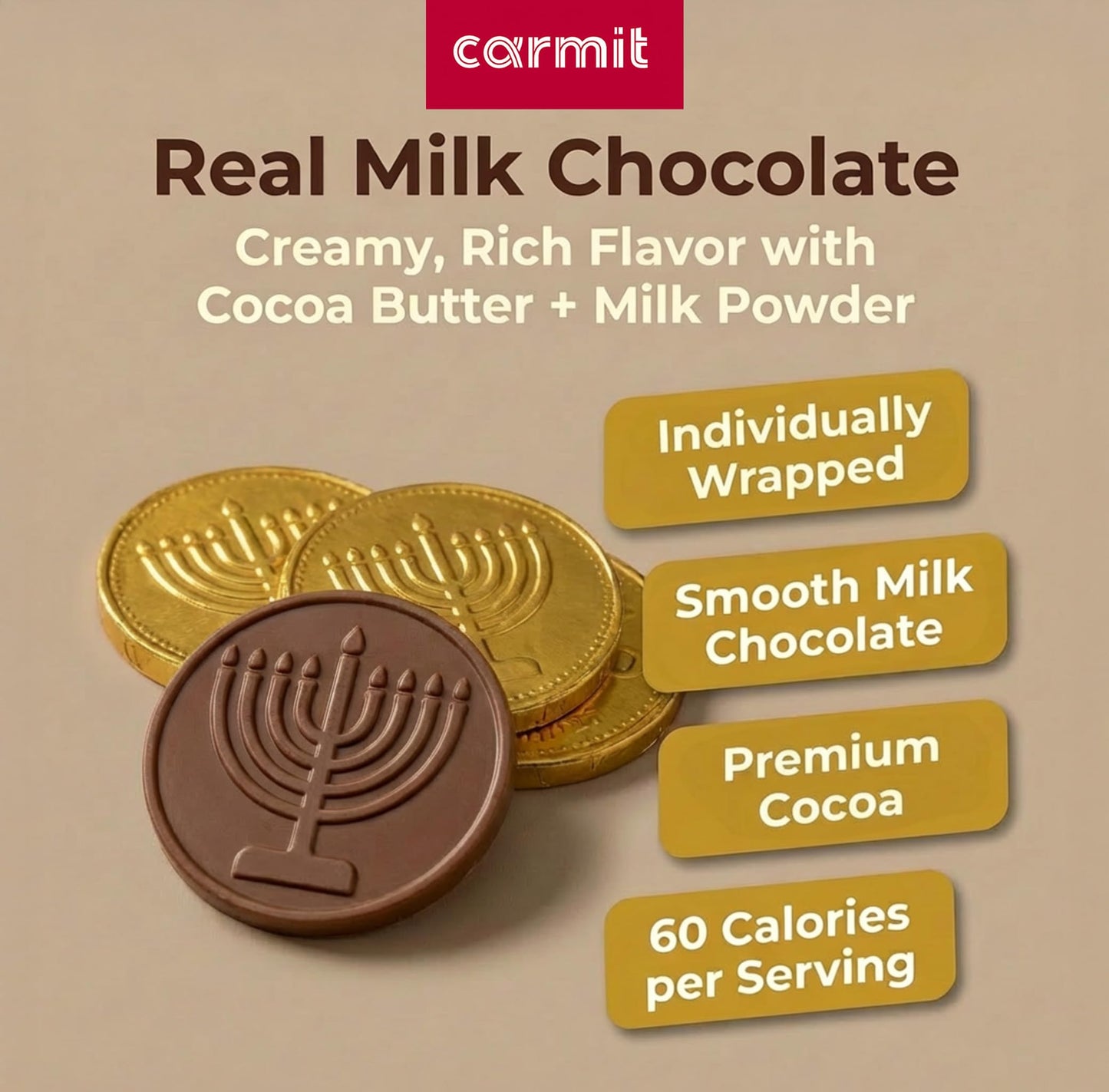 Carmit Gold "Real" Milk Chocolate Coins, (24 Mesh Bags) | Individually Wrapped Menora Embossed Hanukkah Gelt | Holiday Candy, Party Favors | Gluten