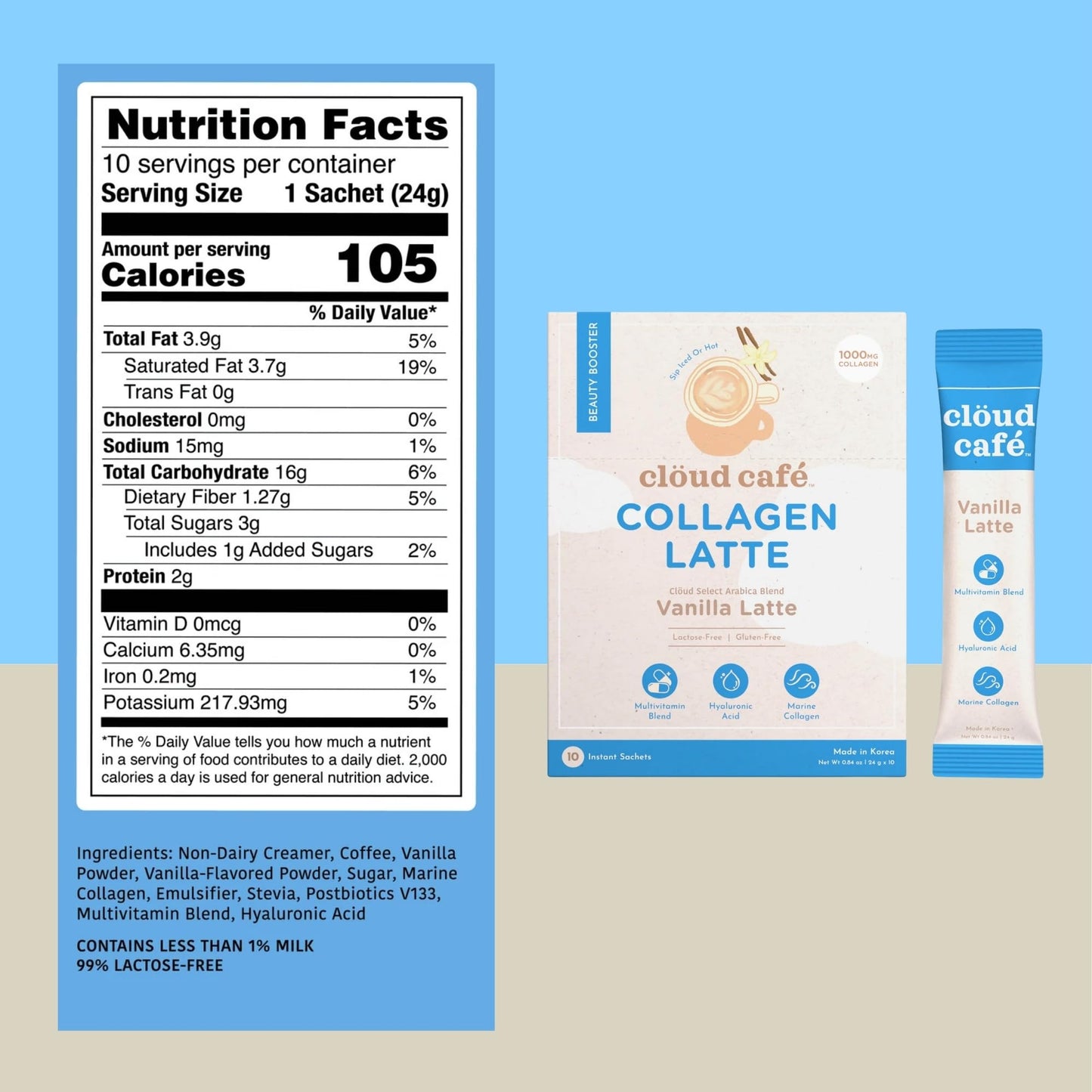 Clöud Café Collagen Infused Vanilla Latte Instant Coffee Packets - Promotes Skin Firmness, Hydration & Elasticity and Hair & Nail Health - Single