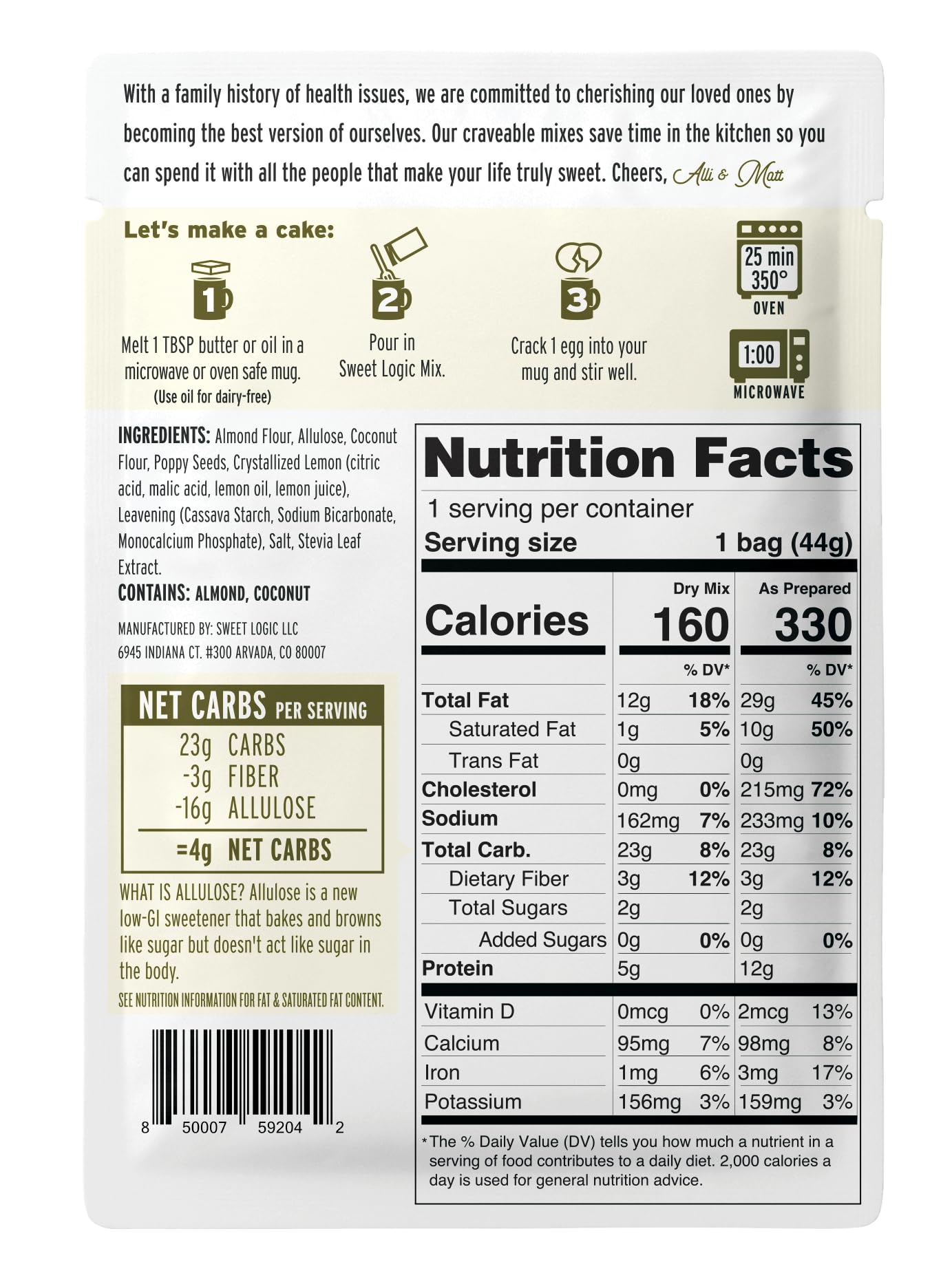 Sweet Logic Keto Dessert Mug Cake Mixes - Lemon Poppyseed - Low Sugar - Gluten-Free - Low Carb - Diabetic-Friendly Sweets - Natural Ingredients - High Protein - Delicious Keto Treats (4 Pack)