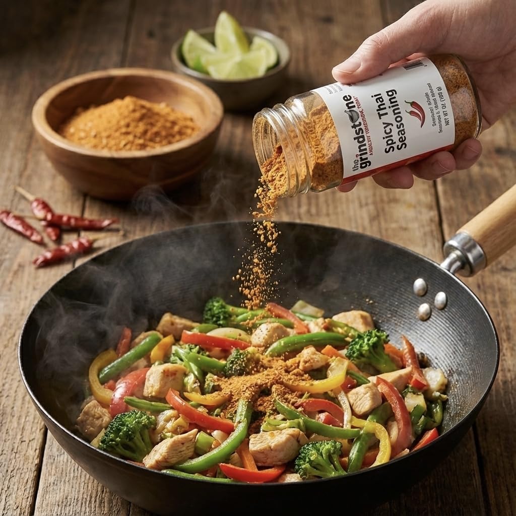 Stir Fry, Spicy Thai Seasoning, Salt Free Spice blend, Suited for all Vegetables, Meat, Stir Fry, Popcorn, Noodles, 2.5 oz Glass Bottle with Sifter