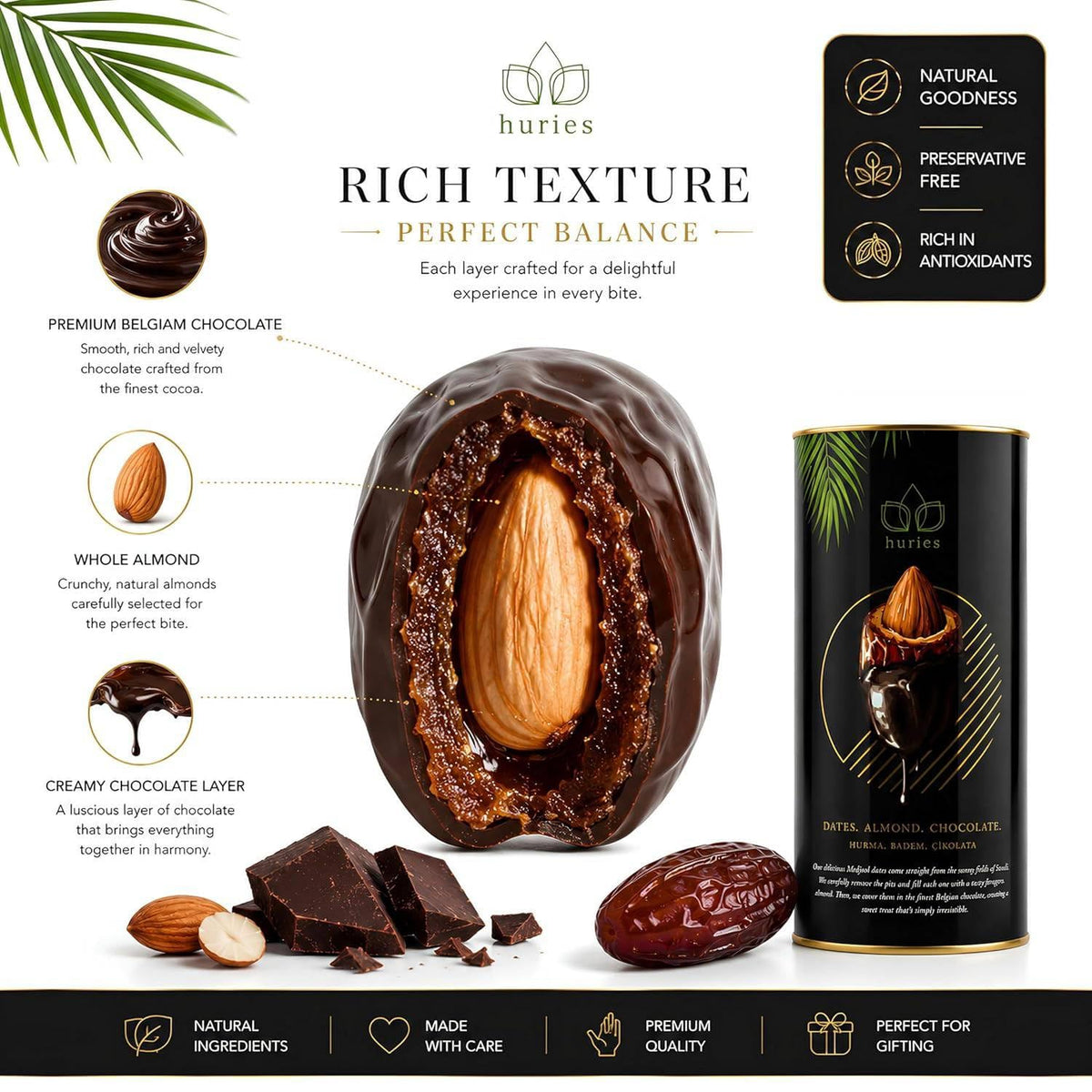 Huries Dark Chocolate Covered Dates with Almonds, Individually Wrapped Gourmet Stuffed Date Candy, Turkish Dessert Snack, 200 g