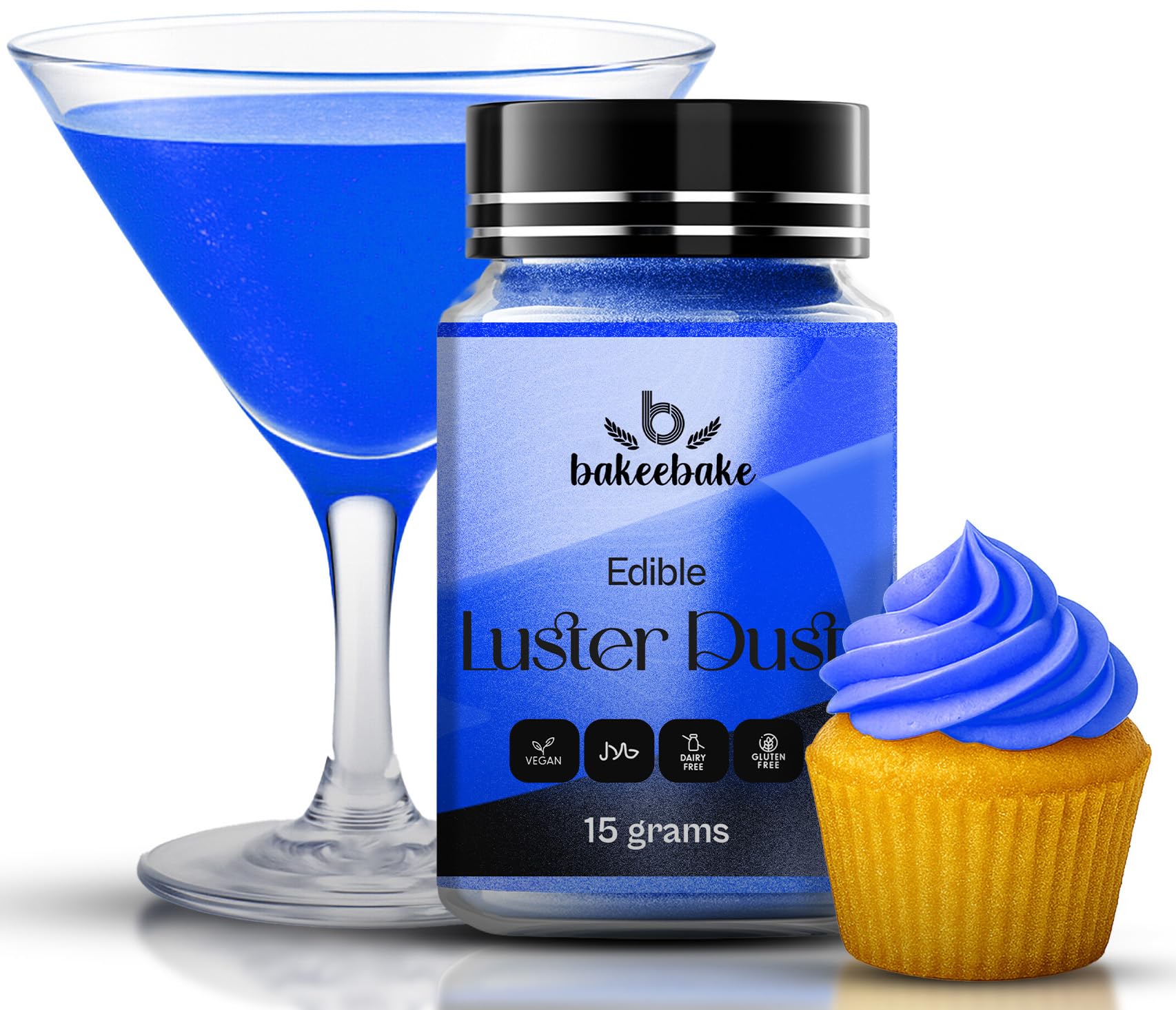 Bakeebake Luster Dust Edible 15g - Edible Glitter for Drinks & Desserts - Gluten Free Edible Blue Dust for Cake Decorating - Tasteless Vegan Drink