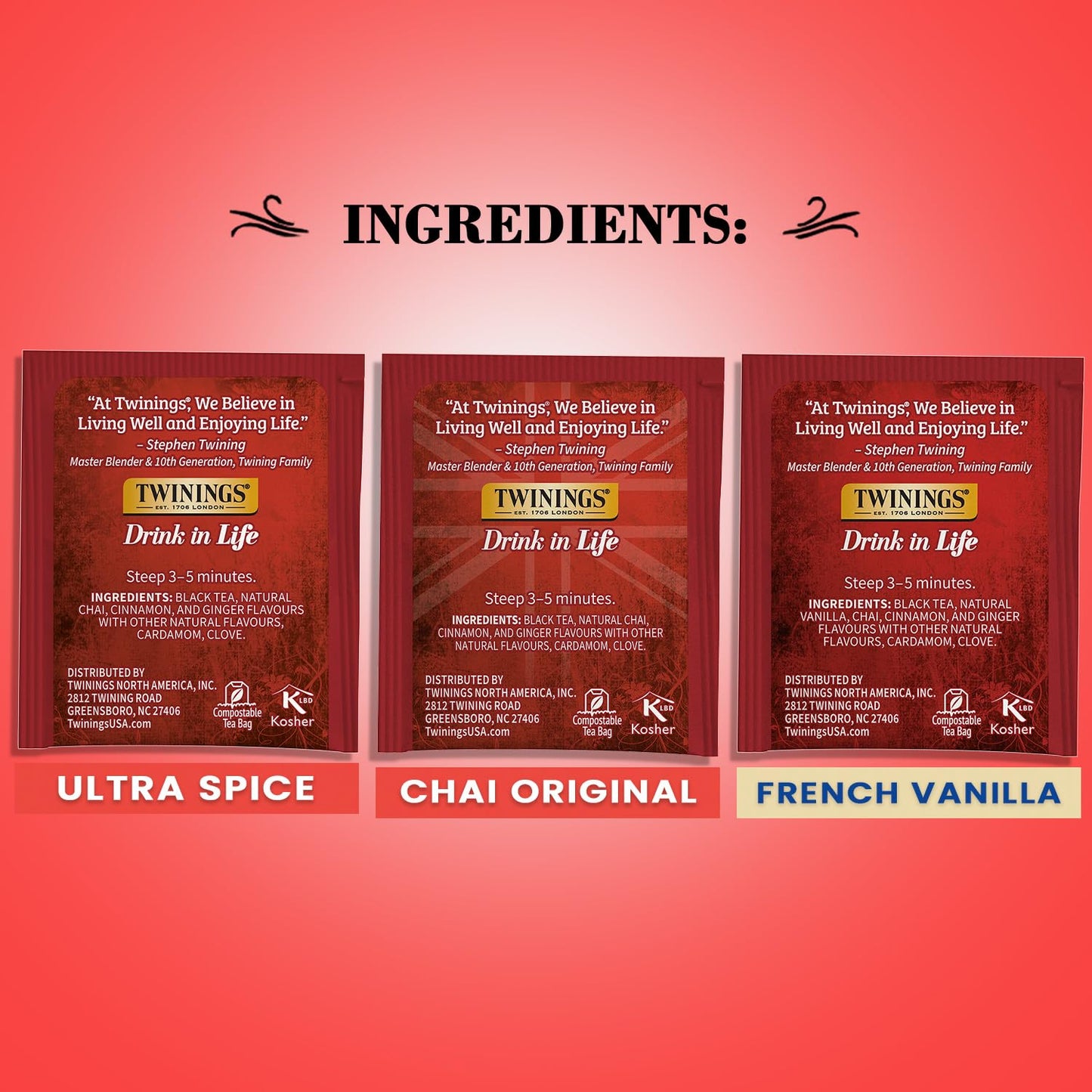 Twinings Chai Tea Variety 3-Pack - Chai, Ultra Spice Chai, and French Vanilla Chai, Caffeinated Black Tea Bags, 20 Count Each