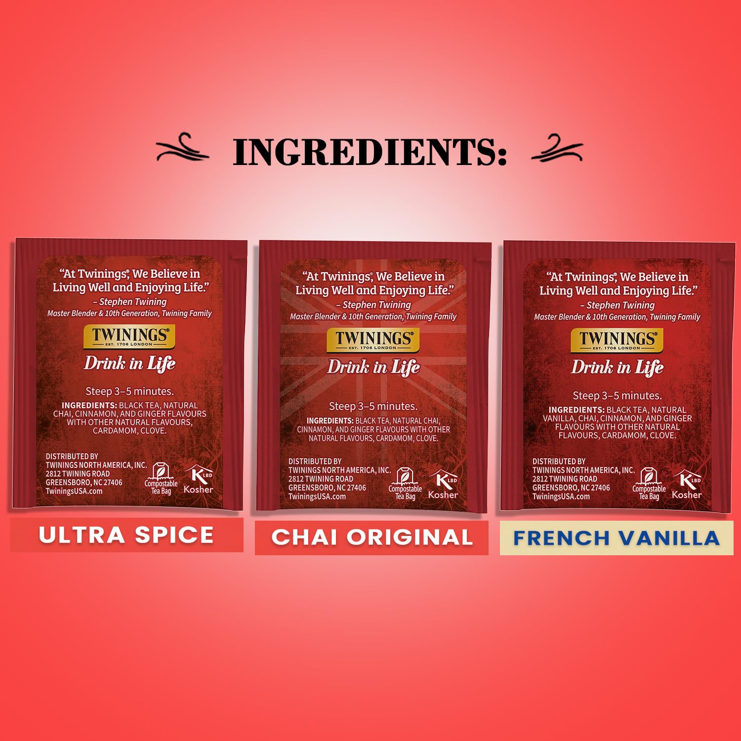 Twinings Chai Tea Variety 3-Pack - Chai, Ultra Spice Chai, and French Vanilla Chai, Caffeinated Black Tea Bags, 20 Count Each