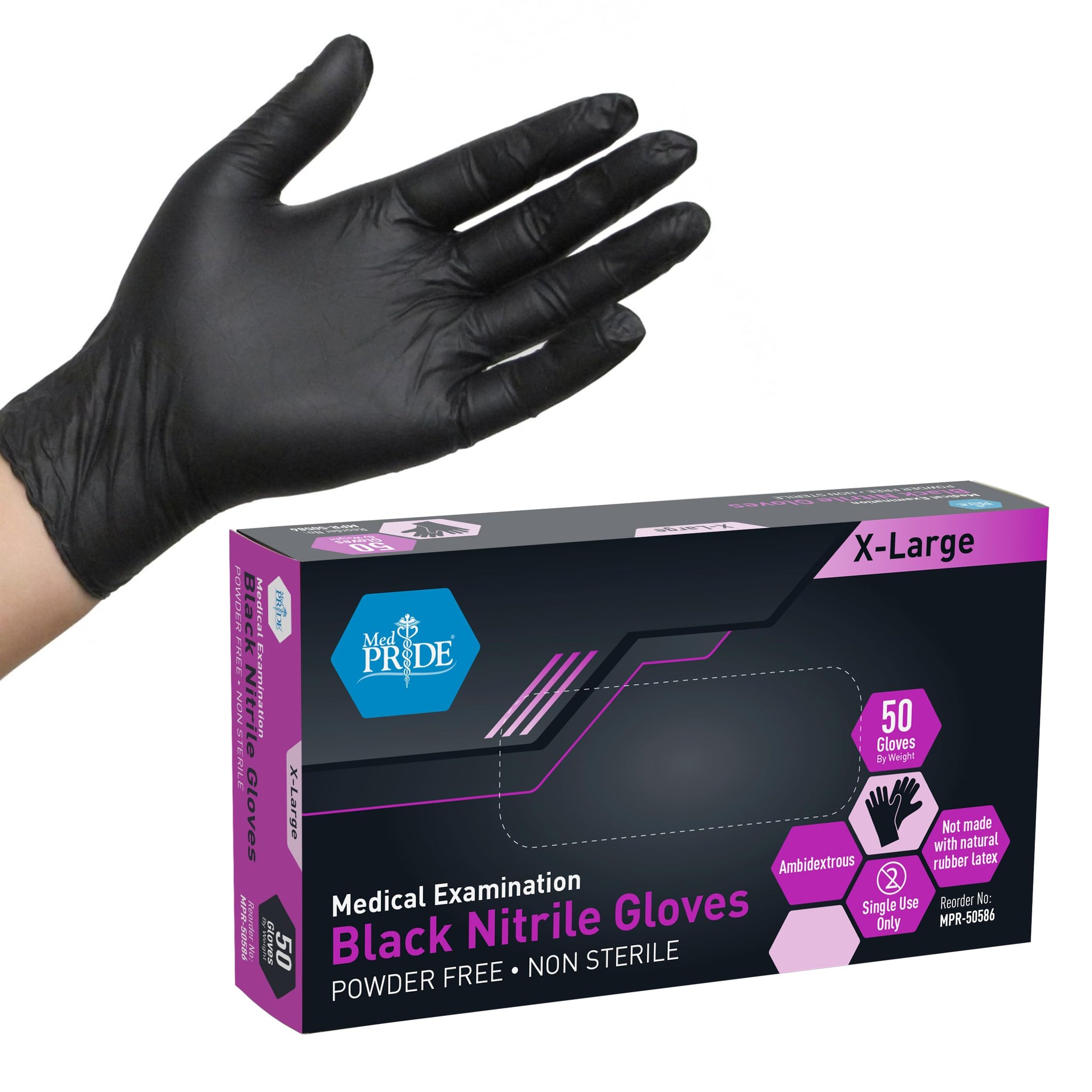 MED PRIDE X-Large Black Surgical Gloves, Disposable Med Nitrile Gloves, 4 Mil Thick, Latex and Powder-Free, Hospital Use, Pack of 50