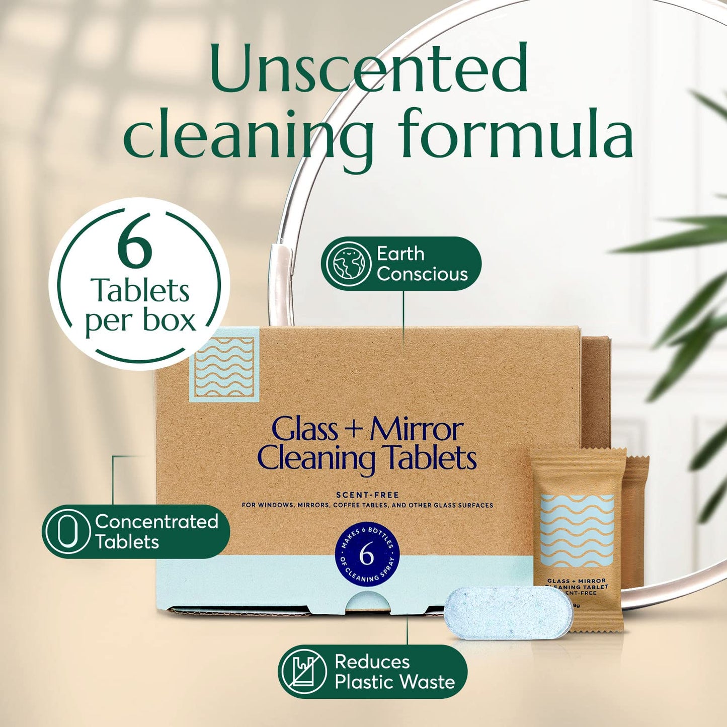CLEANOMIC Glass and Mirror Cleaning Tablets (6 Pack) - All-Purpose Multi-Surface Household Cleaner Tablets (Scent-Free)