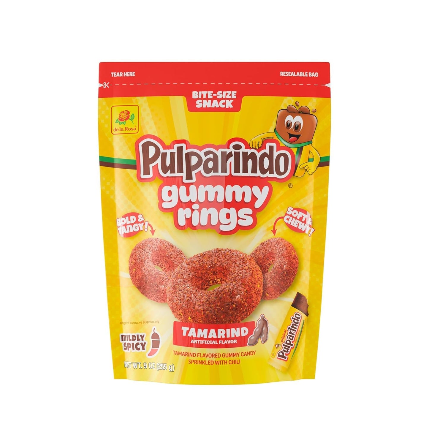 De la Rosa Pulparindo Gummy Rings Candy 9oz Bag (2 Pack) - Mildly Spicy Soft & Chewy Mexican Candy, Bite-Size Snack, Watermelon, Tamarind or Mango