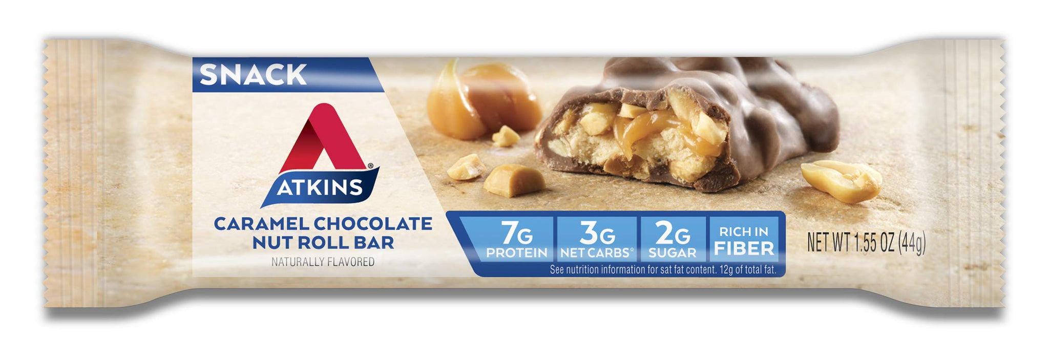 Atkins Caramel Chocolate Nut Roll Snack Bar, Protein Snack, High in Fiber, 2g Sugar, 8 Count
