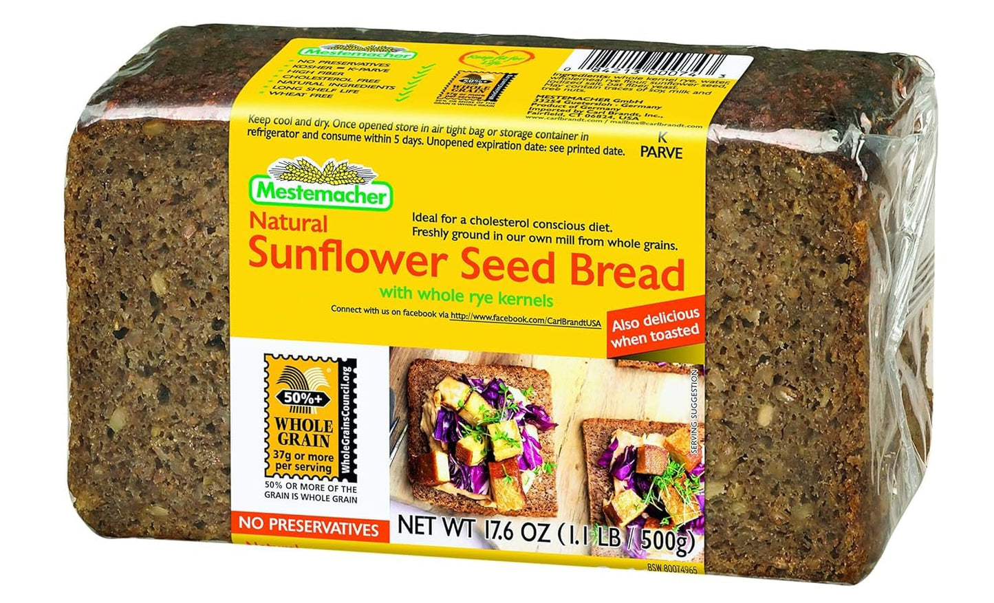 Mestemacher Natural Sunflower Seed Bread, 17.6 oz, German Whole Grain Bread with Sunflower Seeds,High Fiber, Non-GMO, Ready to Eat, Long Shelf Life