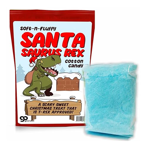 Santa Saurus Rex Cotton Candy - Christmas Candy Gifts for Kids - T-Rex Gift for Dinosaur Lovers - Blue Blueberry Flavor - Stocking Stuffers for Sons