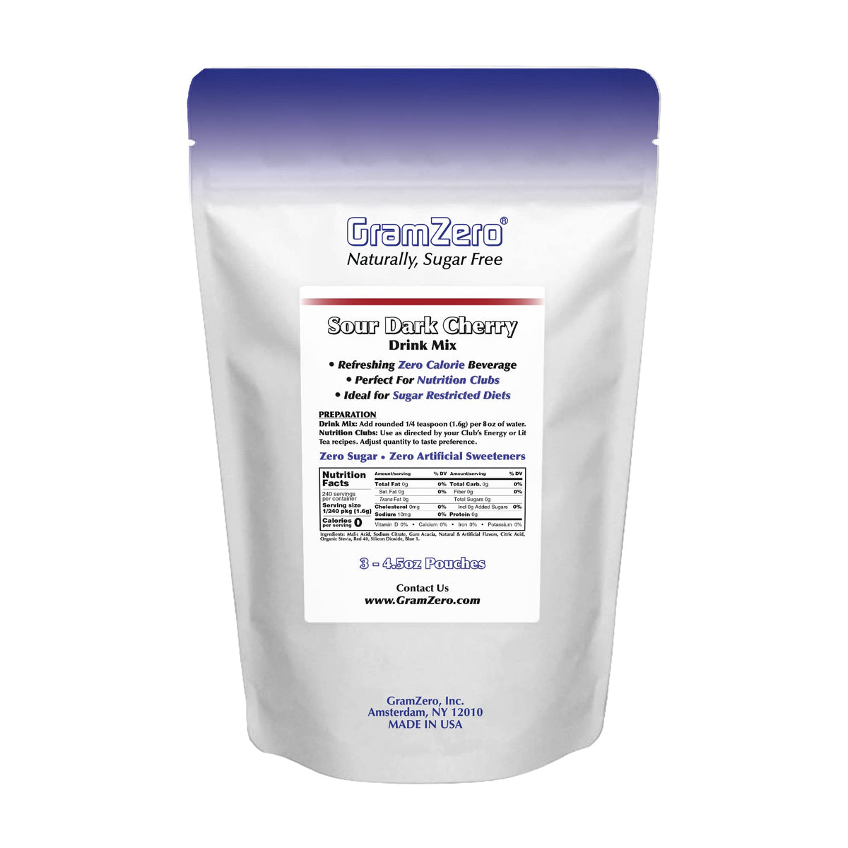 GramZero Sour Dark Cherry Zero Calorie Sugar Free Drink Mix, Great For Nutrition Club Loaded Tea, Stevia Sweetened