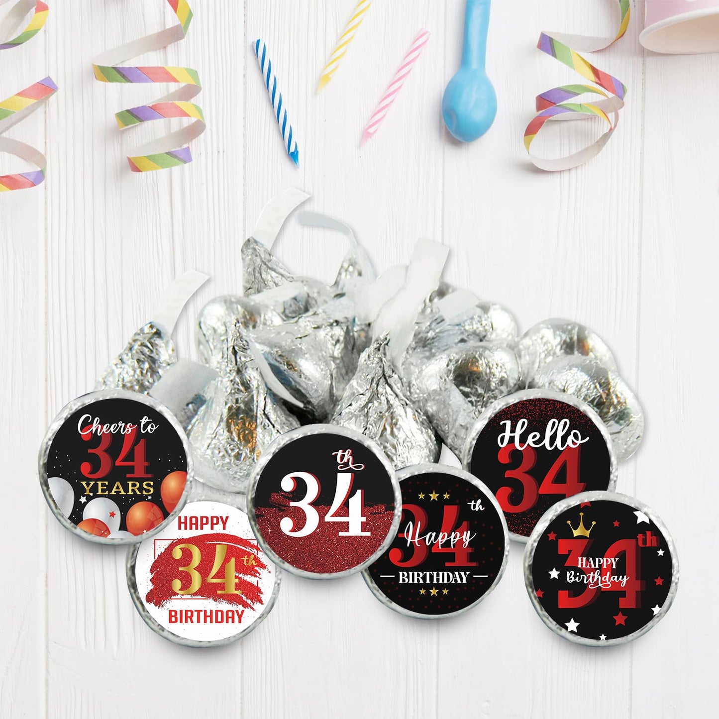 Happy 34th Birthday Party Favor Labels Chocolate Kisses Candy Stickers - Thirty Four Years Old Birthday Round Candy Sticker Party Favors - Black
