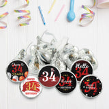Happy 34th Birthday Party Favor Labels Chocolate Kisses Candy Stickers - Thirty Four Years Old Birthday Round Candy Sticker Party Favors - Black