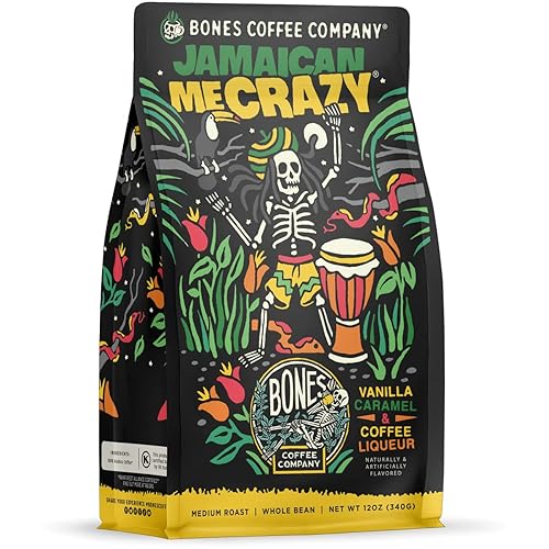 Bones Coffee Company Jamaican Me Crazy, Vanilla Caramel Flavored Coffee, Medium Roast Low Acid Arabica Beans Compatible with Auto drip and French