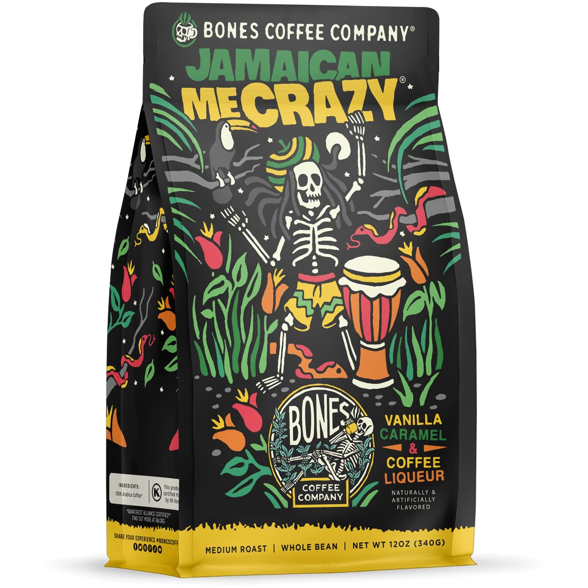 Bones Coffee Company Jamaican Me Crazy, Vanilla Caramel Flavored Coffee, Medium Roast Low Acid Arabica Beans Compatible with Auto drip and French