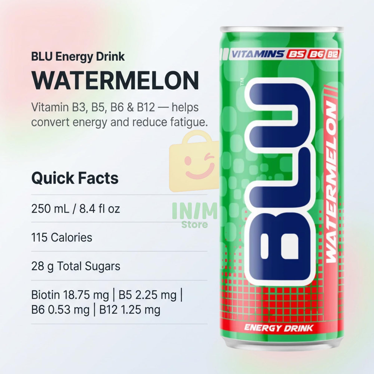 BLU Watermelon Energy Drink, 12 Pack Slim Cans, 8.4 fl oz (250 mL) Each
