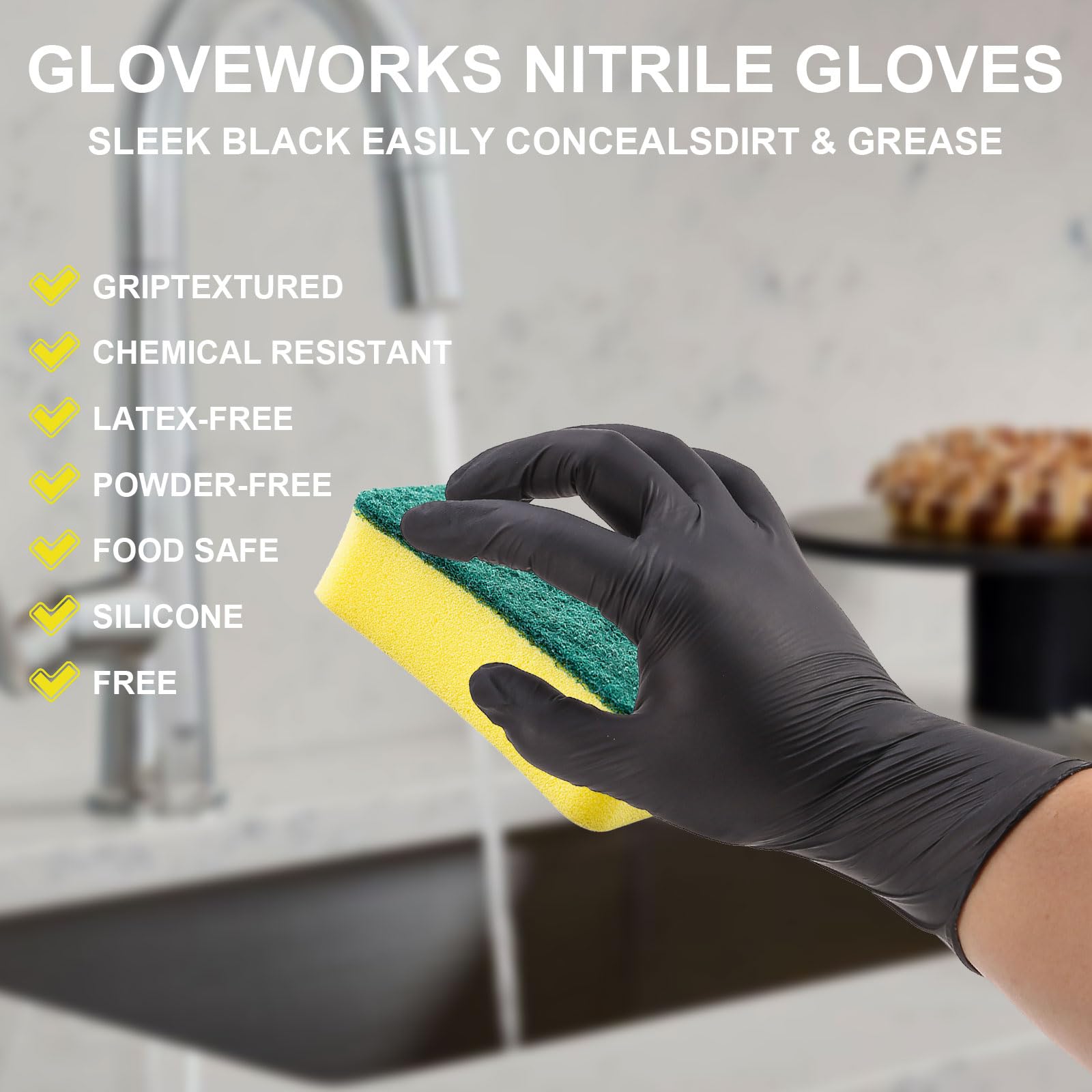 Ultra-Thick Black Gloves for Kitchen & Cleaning - 100PK Disposable, Food Safe, Chemical Resistant - Heavy-Duty Rubber Gloves for Handling, Sanitation