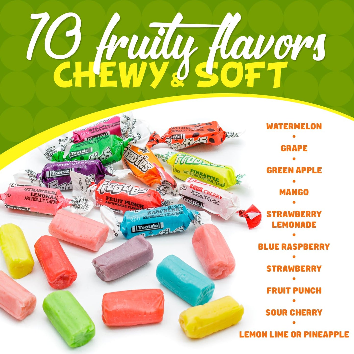 FROOTIES Taffy Candy (10 Flavors) - Bulk Bag, Individually Wrapped, Fruit Chews, Gluten and Peanut Free, 1 lb (145 Pieces)