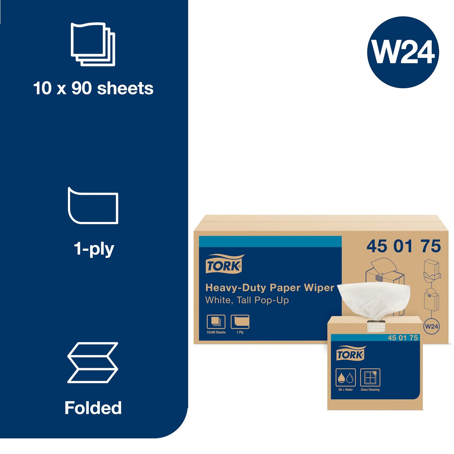 Tork Heavy Duty Paper Wiper White W24, Pop-Up Box, 10 x 90 Sheets, 450175