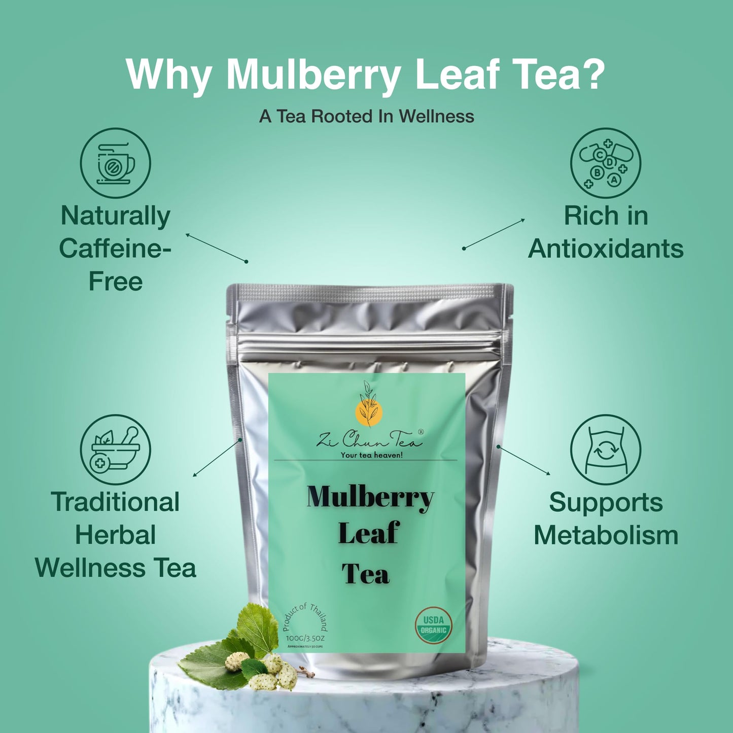 Zi Chun Tea | Organic White Mulberry Leaf Tea Morus alba | Premium Loose Leaf Herbal Tea, Whole Mulberry Leaves, Naturally Caffeine-Free, Herb Hoja de