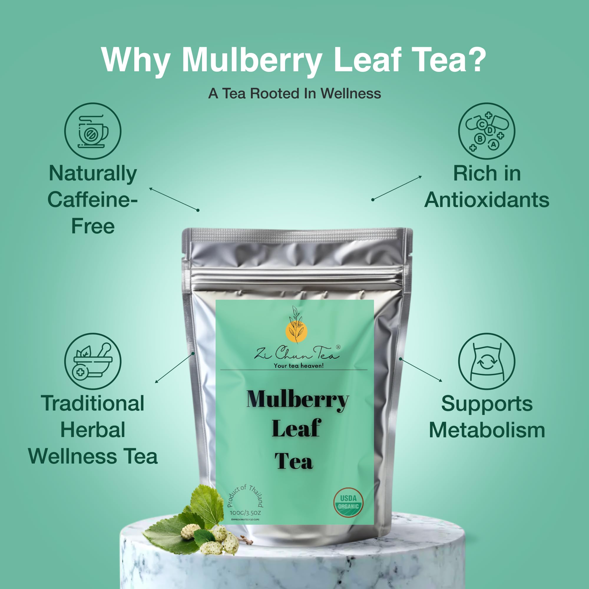 Zi Chun Tea | Organic White Mulberry Leaf Tea Morus alba | Premium Loose Leaf Herbal Tea, Whole Mulberry Leaves, Naturally Caffeine-Free, Herb Hoja de