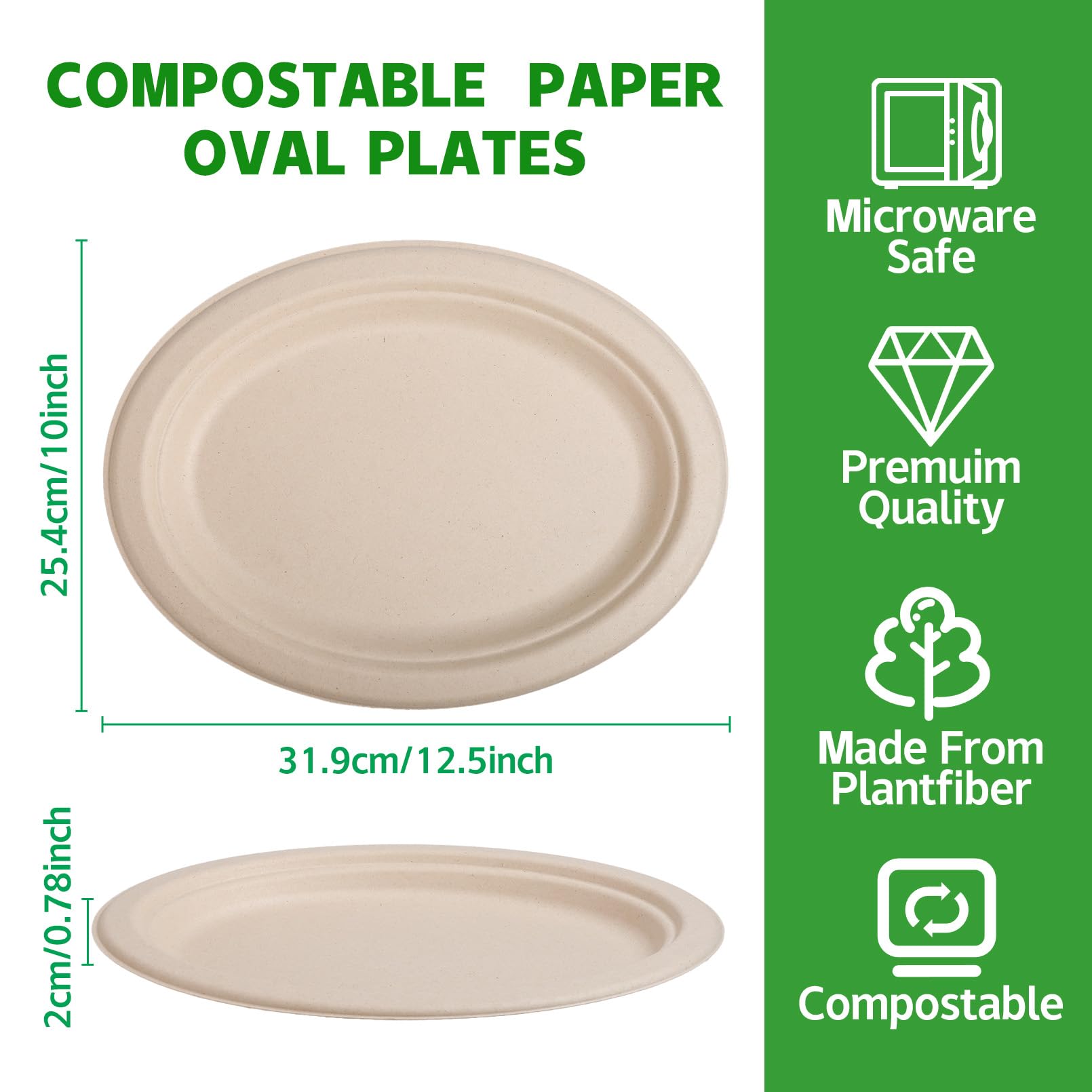 Enjamyo 120 Pack Oval Paper Plates,12.5 Inch Disposable Paper Plates,Super Strong Oval Paper Dinner Plates,Compostable Biodegradable Sugarcane Plates