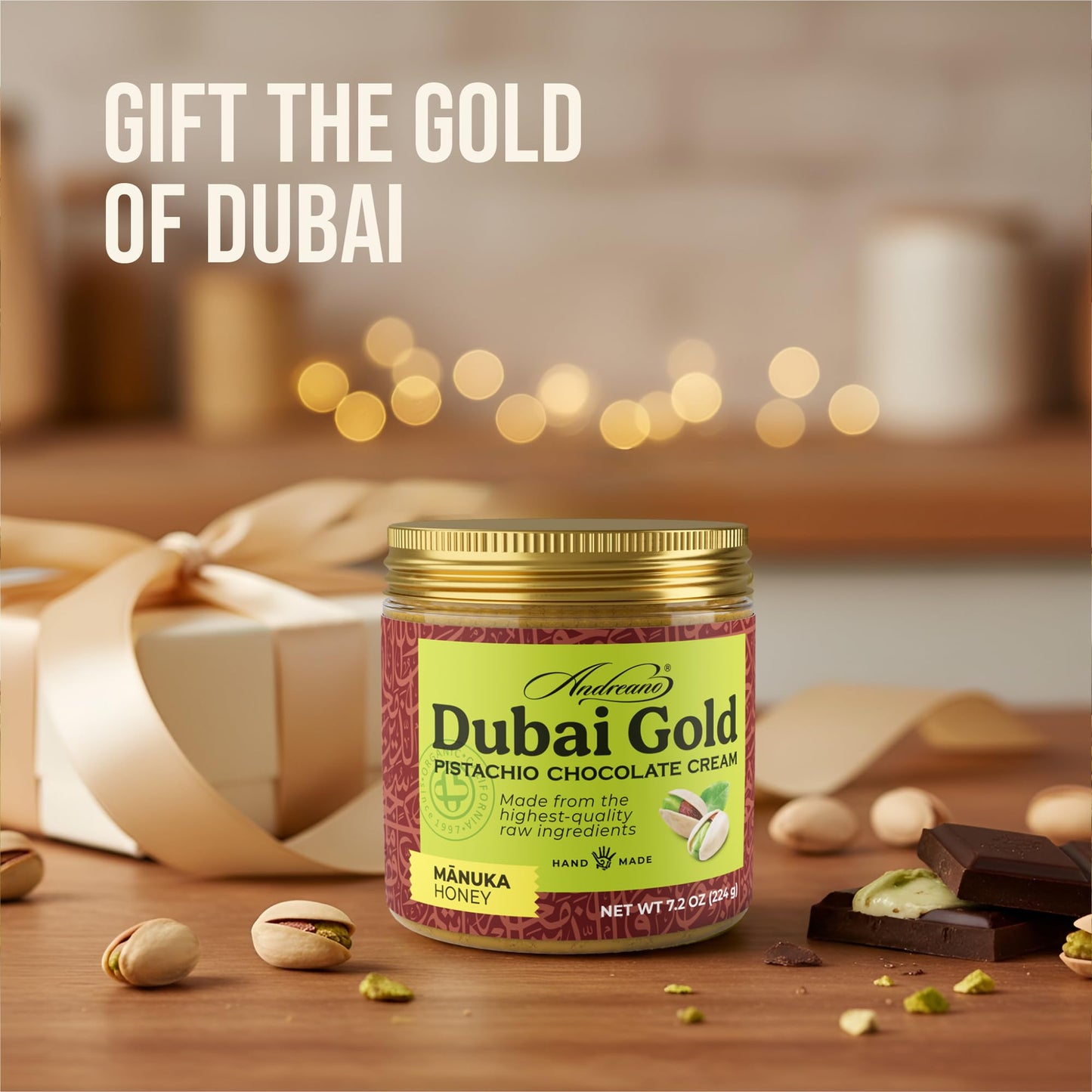 ANDREANO Dubai Gold Pistachio Chocolate Cream - with Manuka Honey & Crispy Kataifi - Gourmet Pistachio Spread - 7.2 oz (224 g) Jar