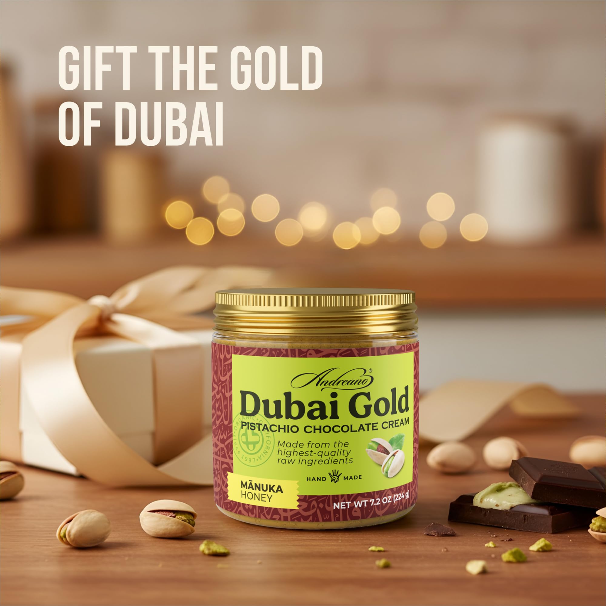 ANDREANO Dubai Gold Pistachio Chocolate Cream - with Manuka Honey & Crispy Kataifi - Gourmet Pistachio Spread - 7.2 oz (224 g) Jar