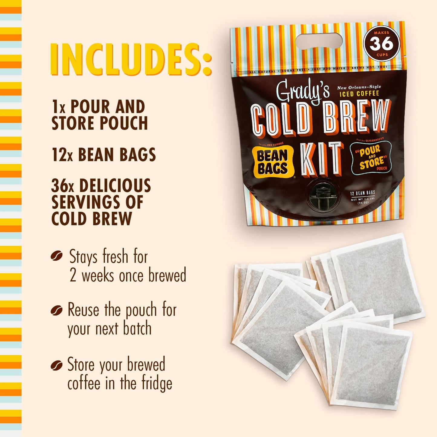 GRADY’S COLD BREW, New Orleans Style, 100% Arabica Ground Coffee & Chicory Pouches, All-in-One Cold Brew Kit with 12 Easy-to-Brew Beans Bags, Makes 36