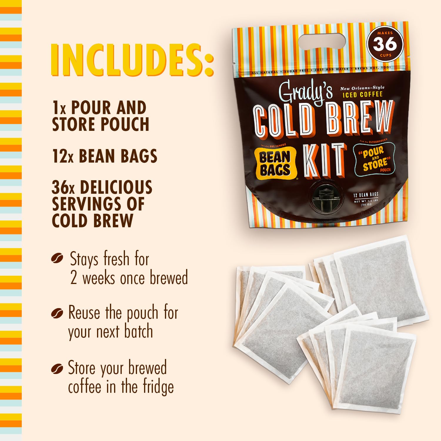 GRADY’S COLD BREW, New Orleans Style, 100% Arabica Ground Coffee & Chicory Pouches, All-in-One Cold Brew Kit with 12 Easy-to-Brew Beans Bags, Makes 36