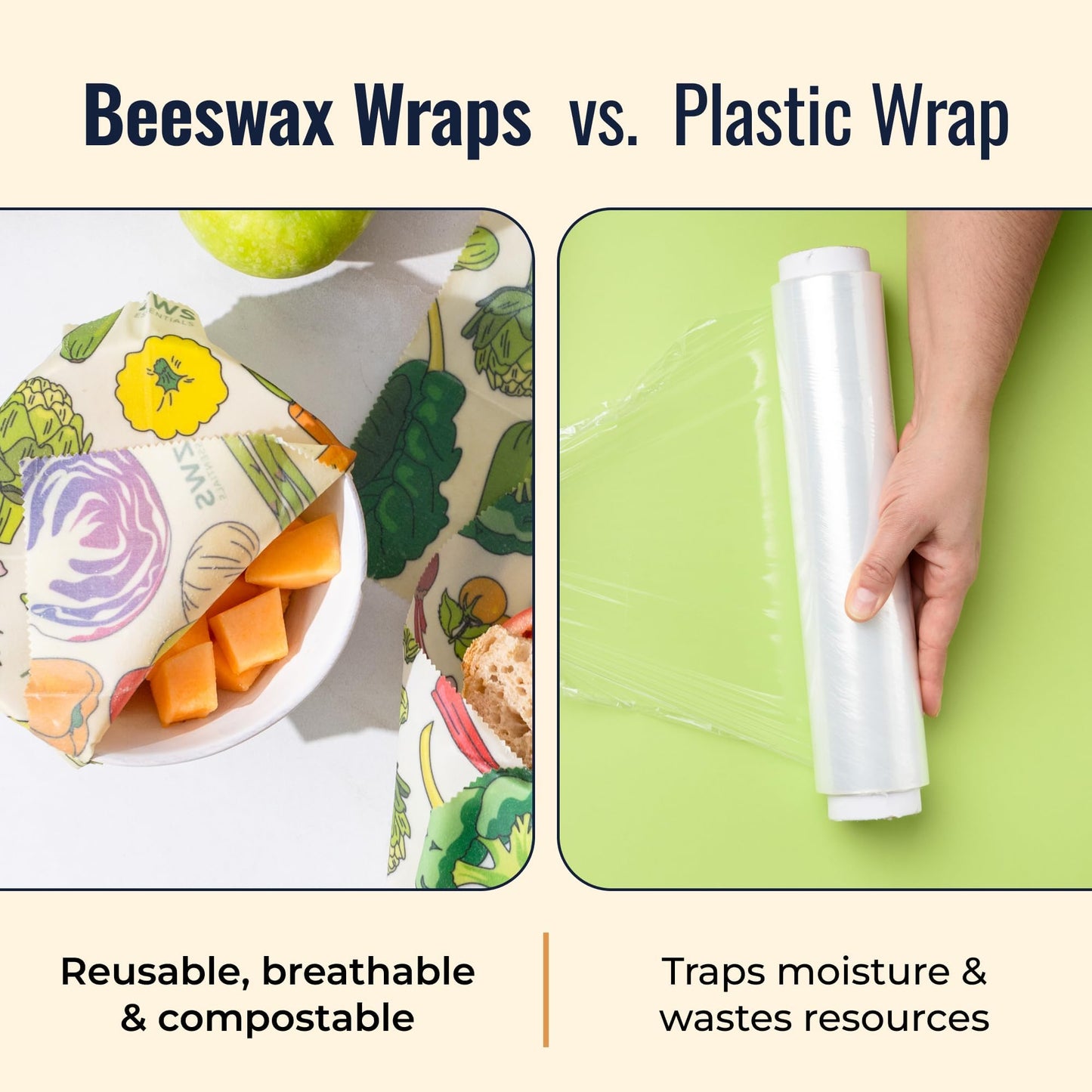 ZWS Essentials Beeswax Wraps, Reusable Cotton Food Storage Set for Kitchen, Lunch, Bread, Snacks, Bowls. Eco-Friendly Plastic-Free Alternative. 3-Pack