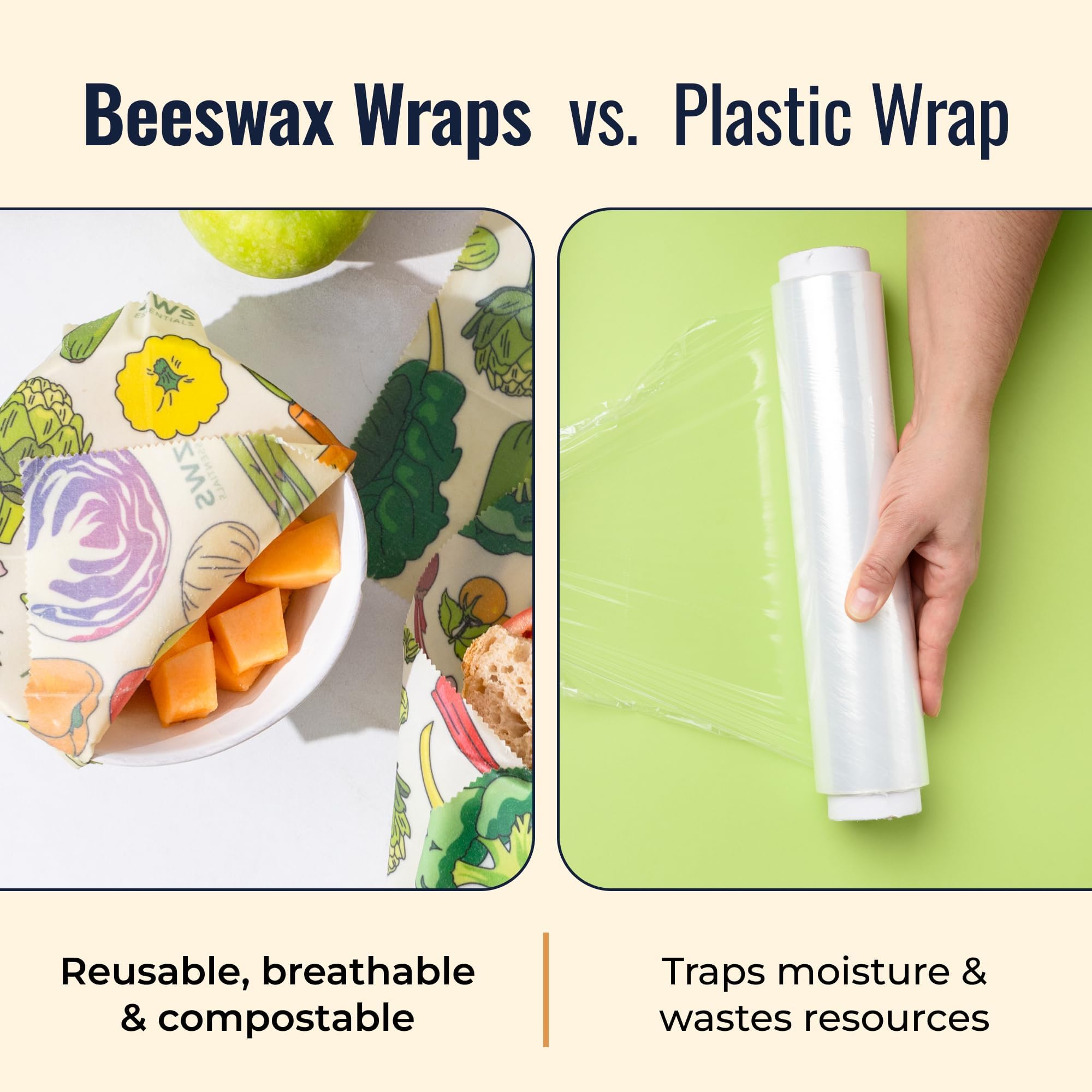 ZWS Essentials Beeswax Wraps, Reusable Cotton Food Storage Set for Kitchen, Lunch, Bread, Snacks, Bowls. Eco-Friendly Plastic-Free Alternative. 3-Pack