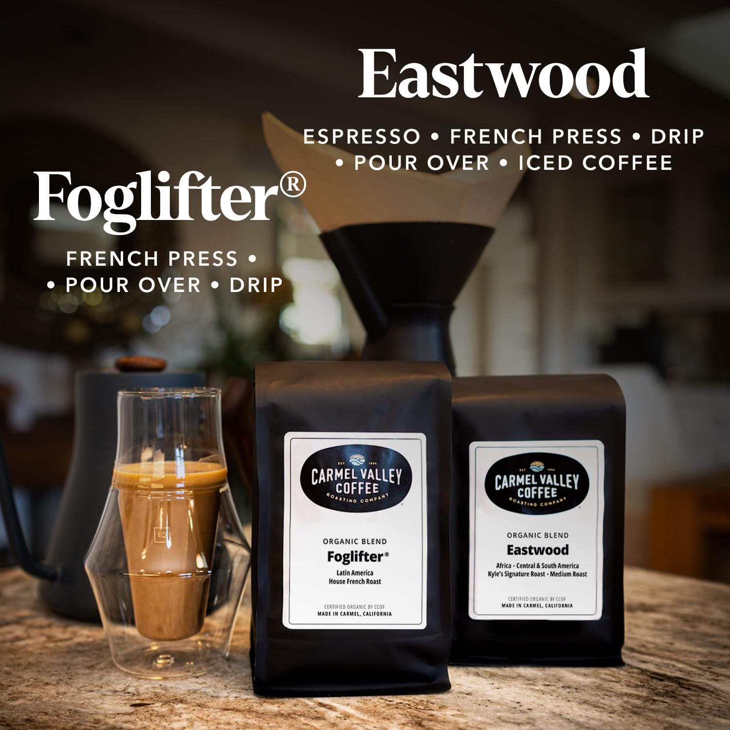 Carmel Valley Coffee Roasting Signature Icons Gift Box, Organic Whole Bean Coffee Gift Set Featuring Foglifter® French Dark Roast & Eastwood Medium
