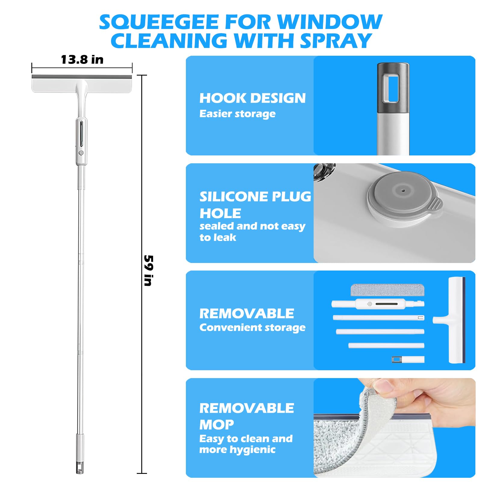 PFEIGH Spray Window Squeegee, 3-in-1 Professional Squeegee with Telescopic Extension Pole up to 59"", Home Cleaner Tools for Windows, Bathrooms