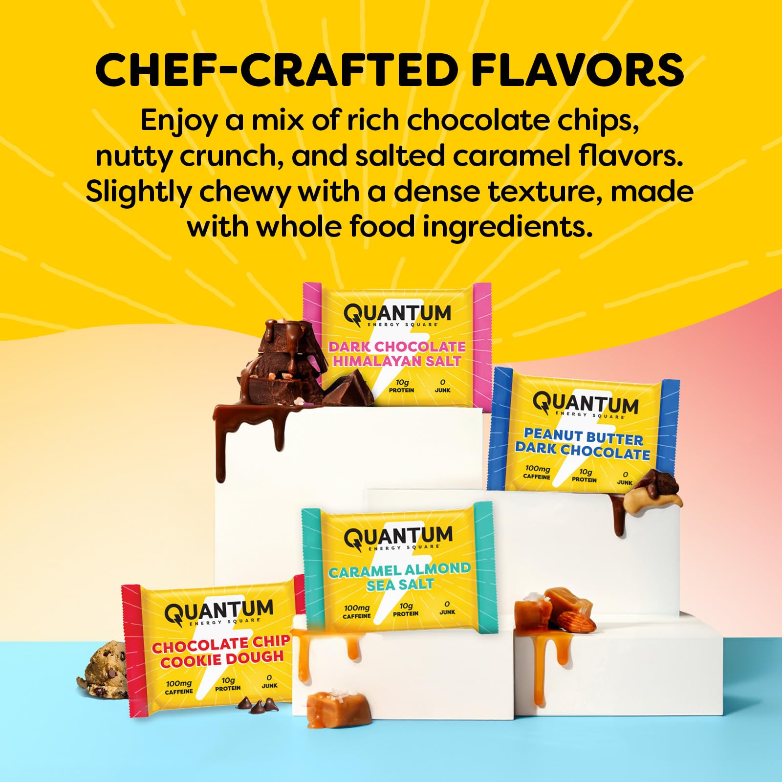 Quantum Energy Square: Energy Bar with Caffeine & 10g Protein. Delicious Healthy Snack On The Go. (Vegan, Gluten-free, Soy-free, Dairy-free) (Variety