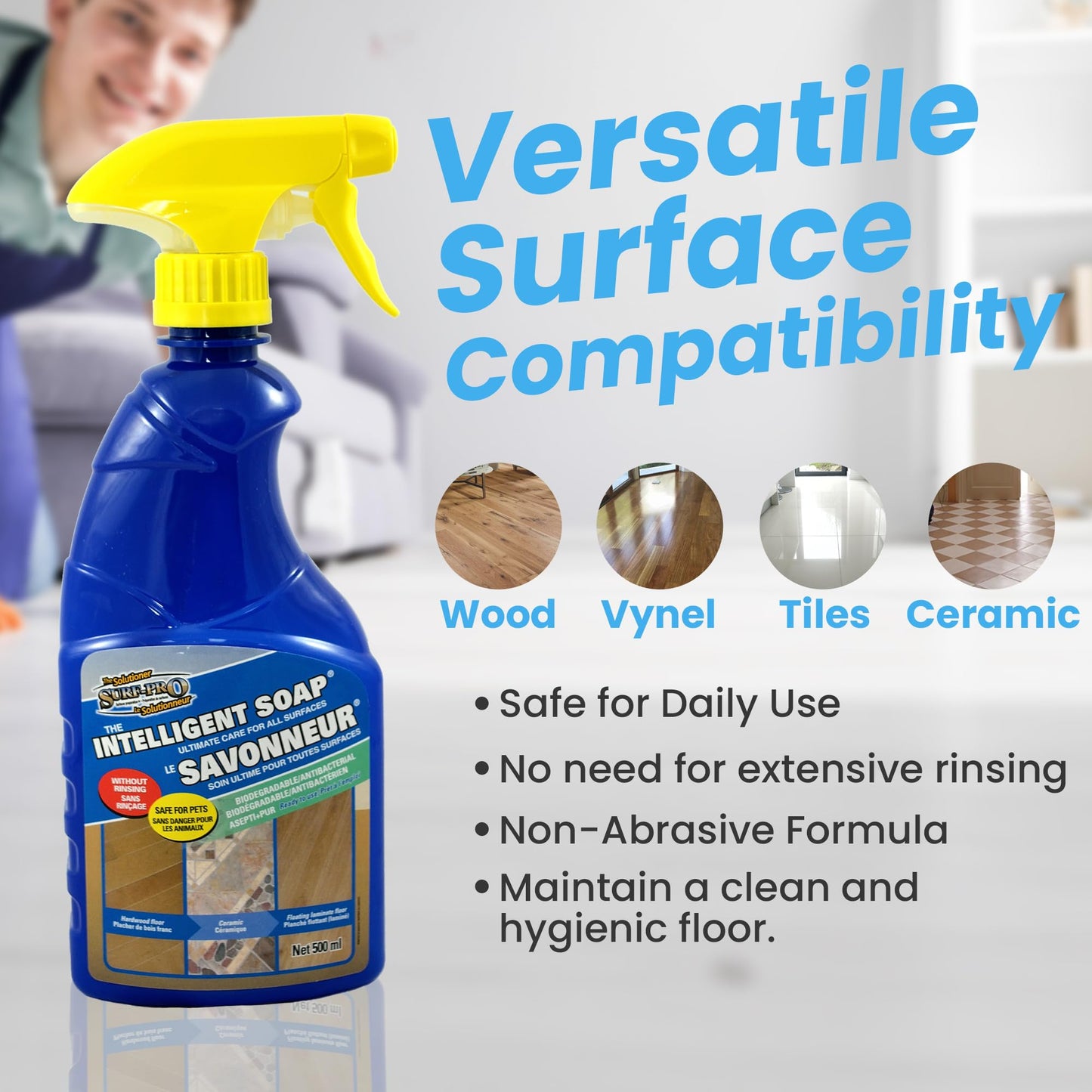 SURF PRO Floor Cleaner Spray for All Surfaces, no rinse ready to use formula, 500 ml, safe for wood vinyl ceramic tile and laminate, Intelligent Soap