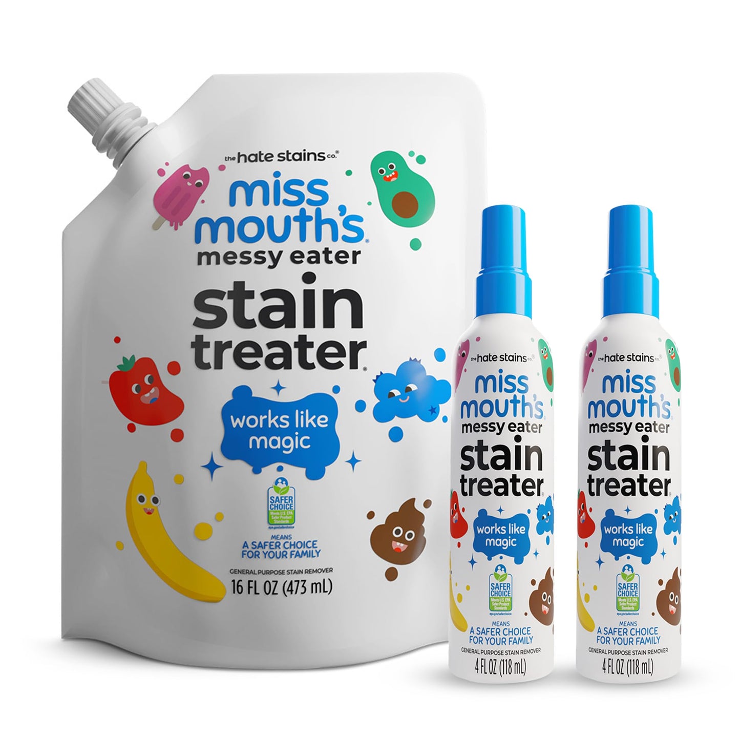 Miss Mouth’s Messy Eater Stain Treater Refill Ready Kit - 2 Pack Stain Remover Spray and 16oz Refill Pouch - Newborn & Baby Essentials - Food, Grease