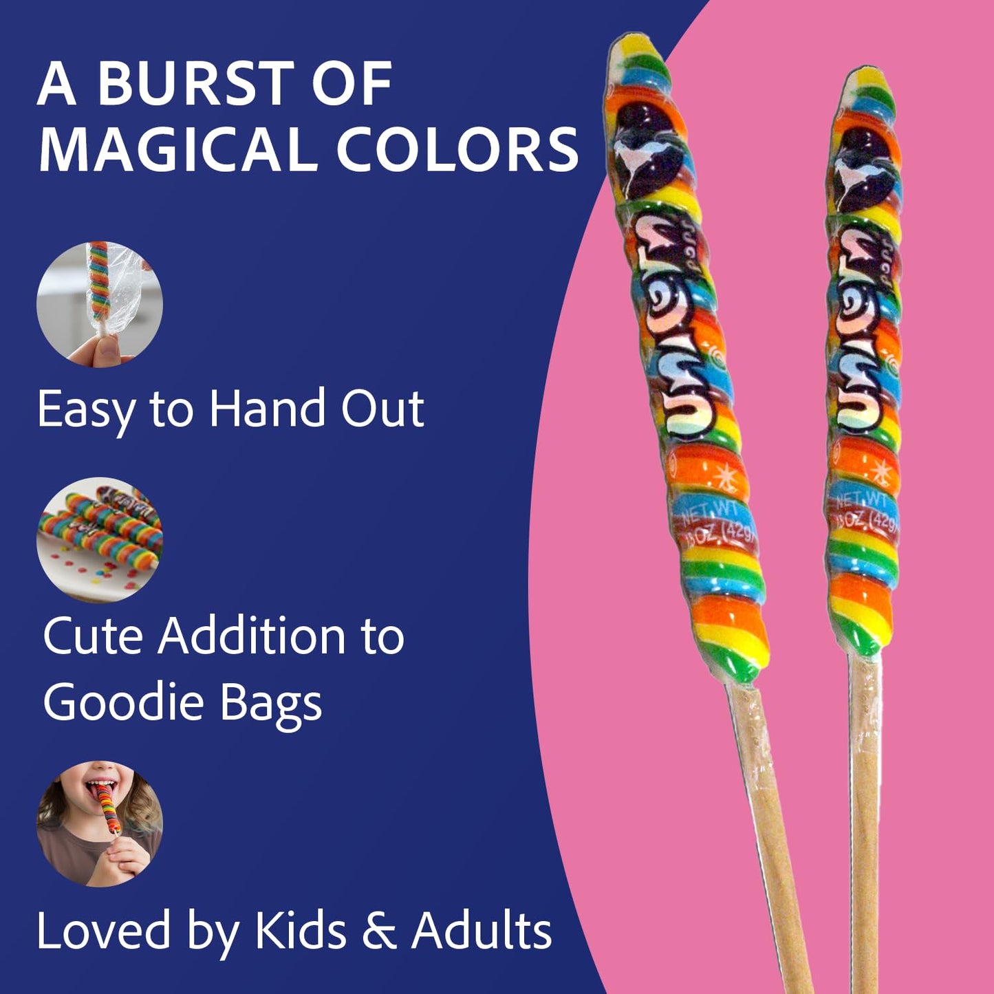 Adams & Brooks Strawberry Banana Mini Unicorn Pops, 1 lb 4 oz Box (48 ct.) - Twisty Unicorn Lollipops, Individually Wrapped Candy for Kids & Adults