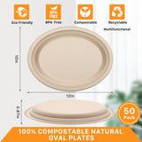 Enjamyo 50 Pack Oval Paper Plates,12 inch Paper Plates Heavy Duty,Compostable Natural Bagasse Unbleached Sugarcane Plate,Disposable Plate for BBQ