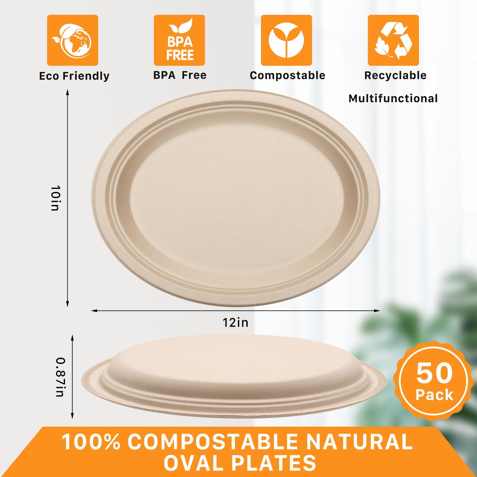 Enjamyo 50 Pack Oval Paper Plates,12 inch Paper Plates Heavy Duty,Compostable Natural Bagasse Unbleached Sugarcane Plate,Disposable Plate for BBQ