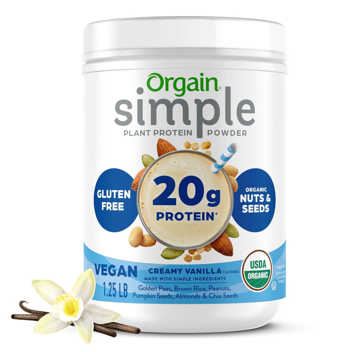 Orgain Organic Simple Vegan Protein Powder, Vanilla - 20g Plant Based Protein, Made with less Ingredients, No Artificial Sweeteners, Gluten Free, No