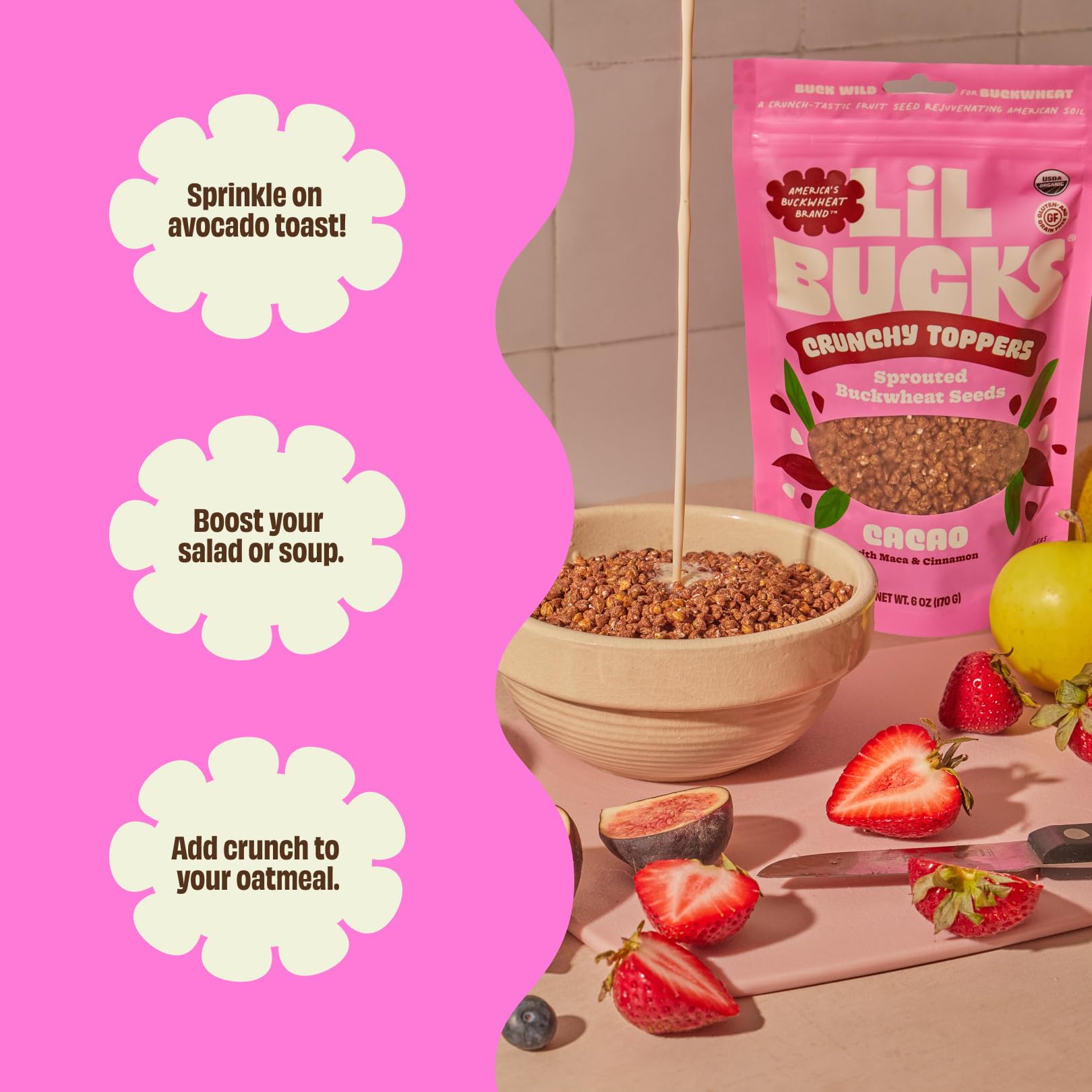 Lil Bucks Sprouted Regeneratively Grown Buckwheat Seeds- Paleo Cereal, Gluten-Free Granola, High in Protein, Low Sugar, Organic Superseed Crunch